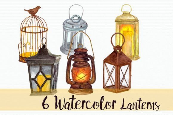 6 Watercolor Lanterns Clip Art & Illustrations