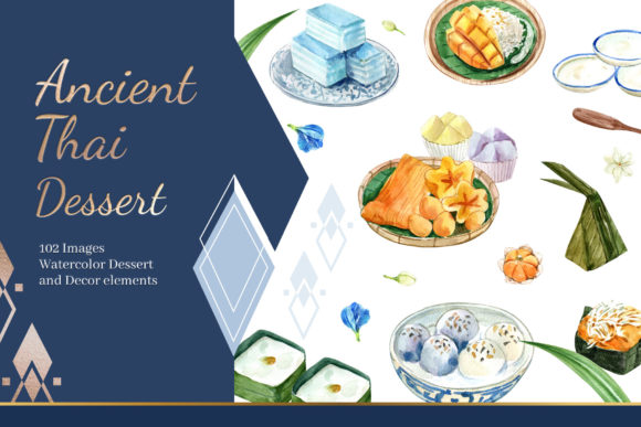 Ancient Thai Dessert Watercolor Set Illustrations