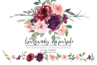 Burgundy Purple Watercolor Floral Set & Illustrations