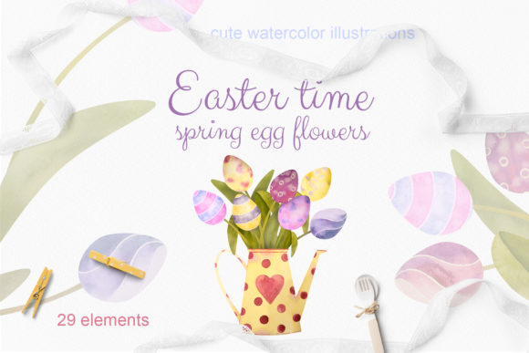 Easter Time Watercolor Egg Flowers Illustrations
