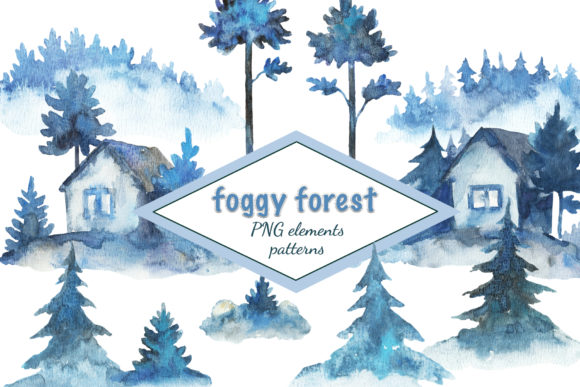 Foggy Forest Watercolor Painted Set Illustrations