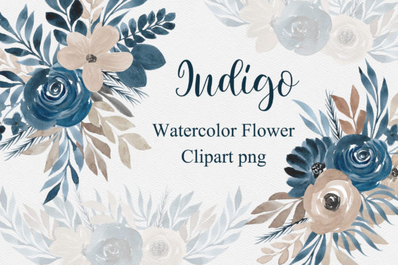 Indigo Watercolor Flower Clipart PNG & Illustrations