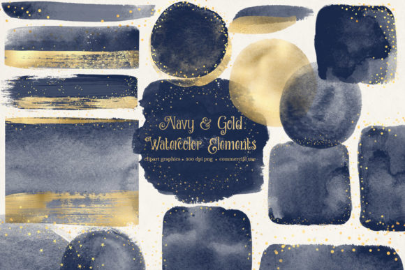 Navy and Gold Watercolor Elements Illustrations