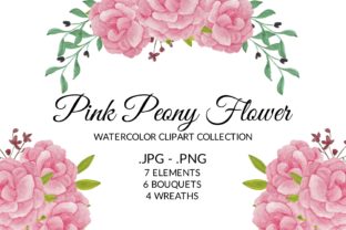 Pink Peony Flower Watercolor Clipart Set & Illustrations