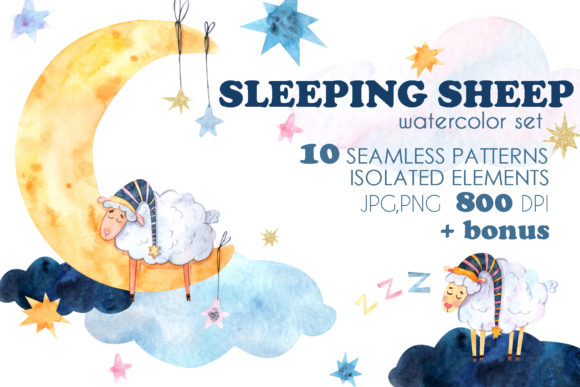 Sleeping Sheep Watercolor Set Illustrations