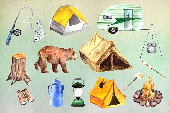Watercolor Camping Clip Art Set Illustrations Review