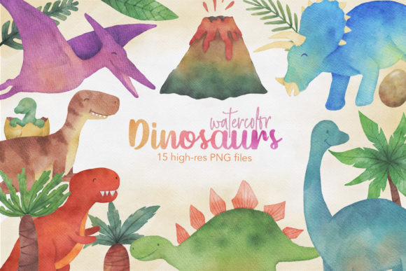 Watercolor Dinosaurs Clip Art & Illustrations