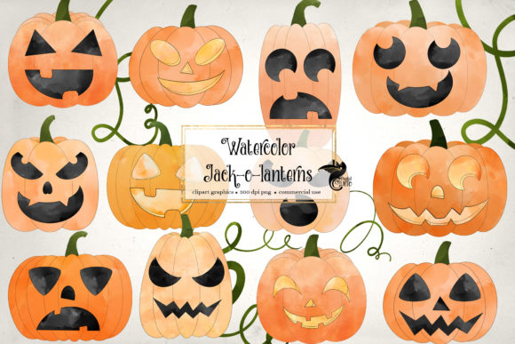 Watercolor Jack O Lanterns Clipart & Illustrations