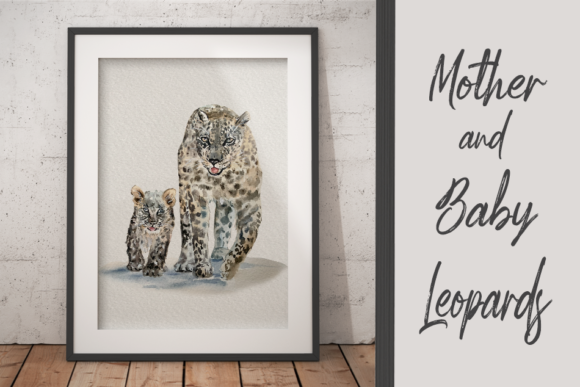 Watercolor Mother and Baby Leopards Illustrations