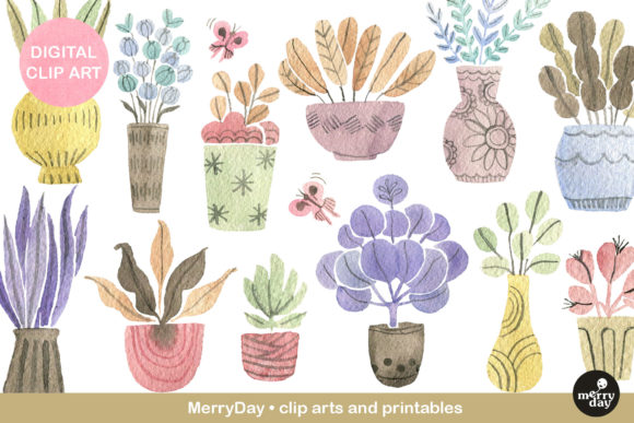 Watercolor Plants in Vintage Pastel Illustrations