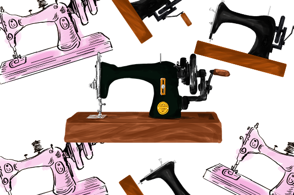 Watercolor Sewing Machine Drawing & Illustrations