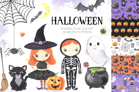 Watercolor Spooky Halloween Clipart & Illustrations
